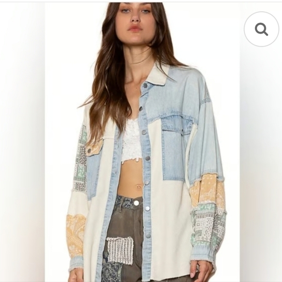 POL Jackets & Blazers - POL Patchwork Denim Shirt/Jacket Blue Ivory Sz L